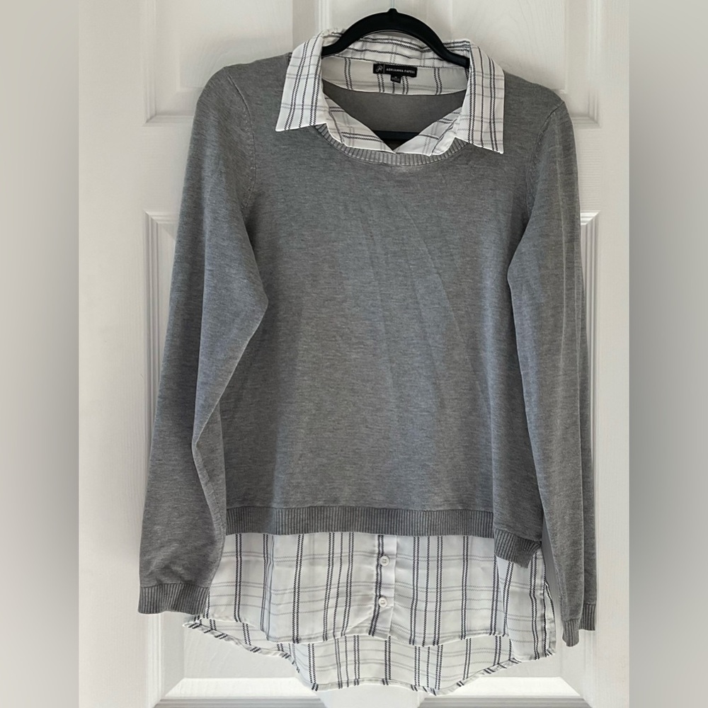 Adrianna Pappel Grey Sweater with Plaid accents - Picture 3 of 8